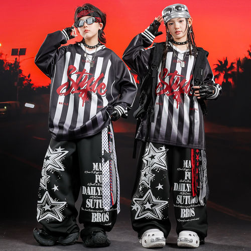 街舞儿童潮服嘻哈男童炫酷条纹星星舞蹈服套装女童hiphop演出服男 - 图0