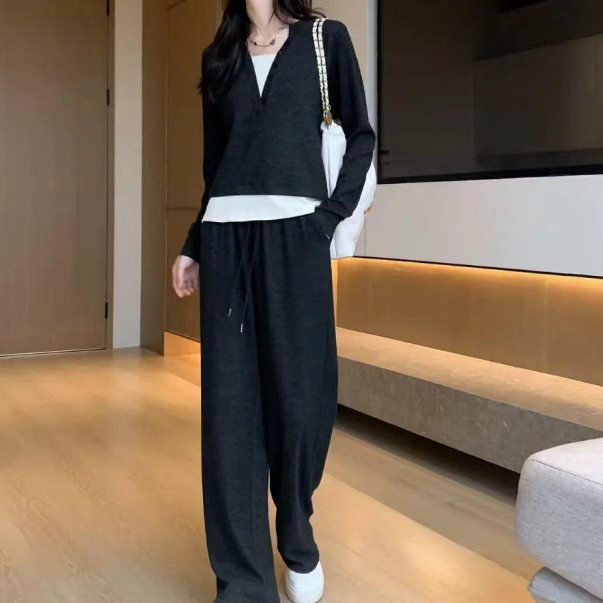 2026春款套装两件套长袖女运动休闲通勤慵懒时尚百搭阔腿裤套装cd