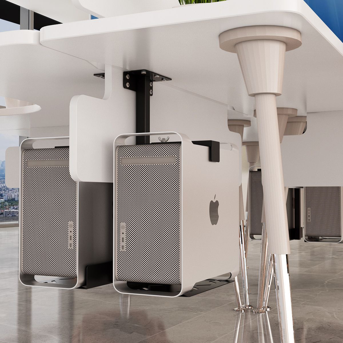 Suspended computer host bracket under desk widening