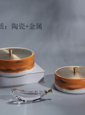 现代简约新中式手绘山橙色圆盖首饰盒摆件轻奢样板房黑色收纳饰品