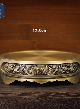 纯黄铜摆件底座荷花山水龙凤浮雕中式复古室内摆放熏香炉小底托架