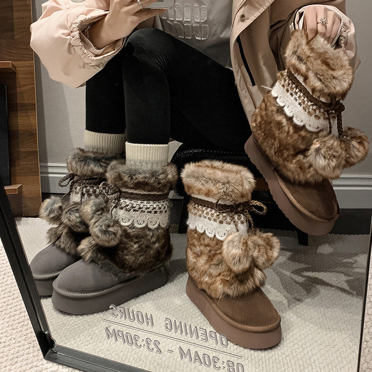 韩式百搭毛毛雪地靴女2025年冬季新款厚底增高显瘦中筒靴棉鞋潮,淘宝优惠券,粉丝福利购,淘宝优惠卷