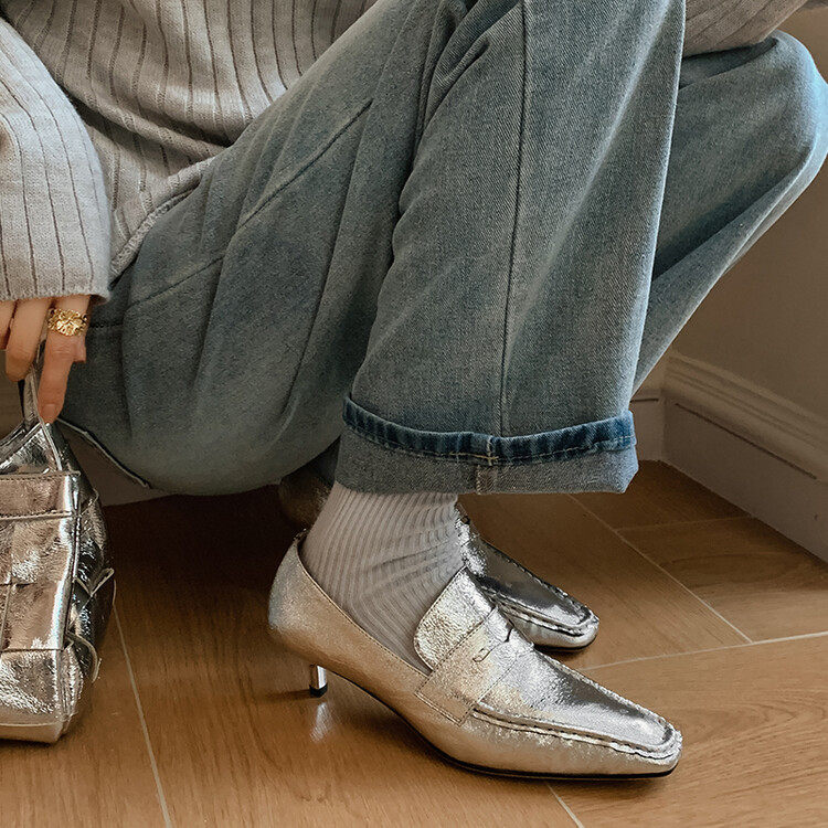 法式方头软底银色单鞋女复古一脚蹬猫跟金属皮中跟浅口羊皮乐福鞋,淘宝优惠券,粉丝福利购,淘宝优惠卷