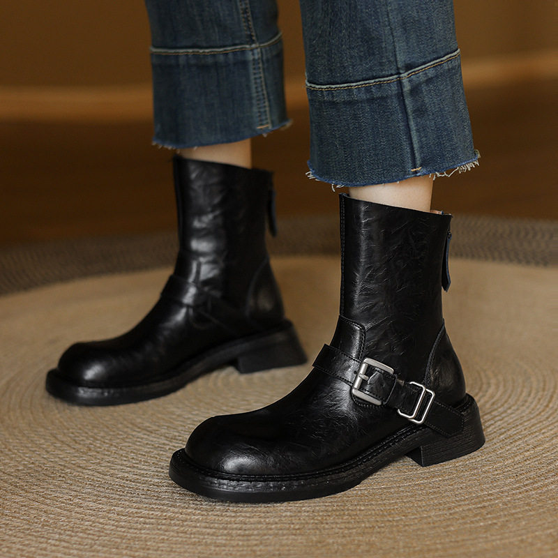 2024秋冬新款低跟皮带扣马丁靴女英伦风平底短筒西部骑士靴美拉德,淘宝优惠券,粉丝福利购,淘宝优惠卷