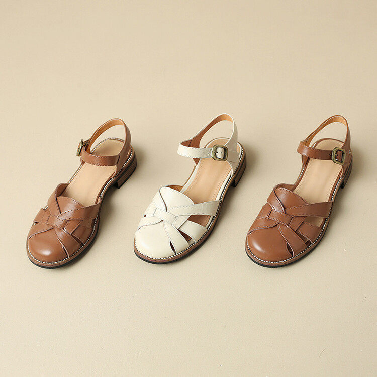 2024年新款真皮女款夏季低跟大码编织罗马猪笼鞋平底包头凉鞋女夏,淘宝优惠券,粉丝福利购,淘宝优惠卷