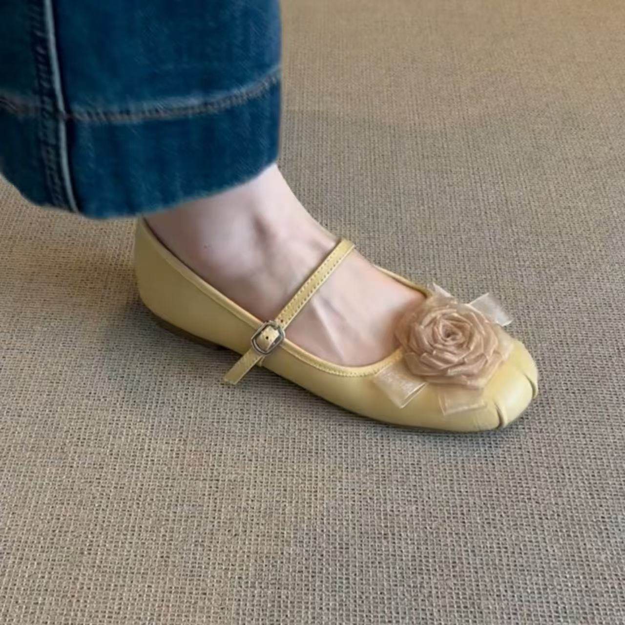 清新魔法~法式浅口芭蕾鞋2025新款软皮花朵牛皮平底圆头单鞋女,淘宝优惠券,粉丝福利购,淘宝优惠卷