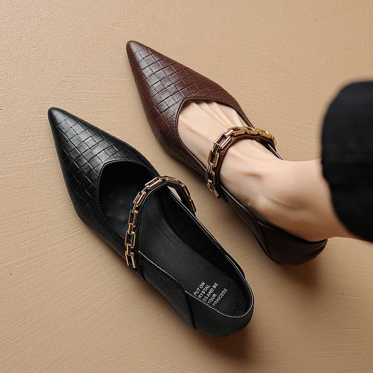 法式尖头浅口单鞋女2025年春秋新款金属链条软皮一脚蹬羊皮平底鞋,淘宝优惠券,粉丝福利购,淘宝优惠卷