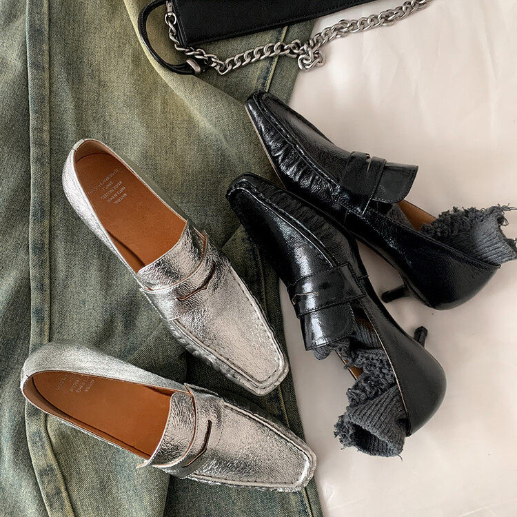 法式方头软底银色单鞋女复古一脚蹬猫跟金属皮中跟浅口羊皮乐福鞋,淘宝优惠券,粉丝福利购,淘宝优惠卷
