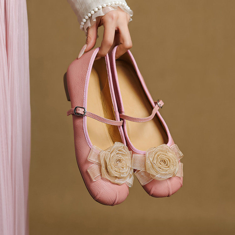 清新魔法~法式浅口芭蕾鞋2025新款软皮花朵牛皮平底圆头单鞋女,淘宝优惠券,粉丝福利购,淘宝优惠卷