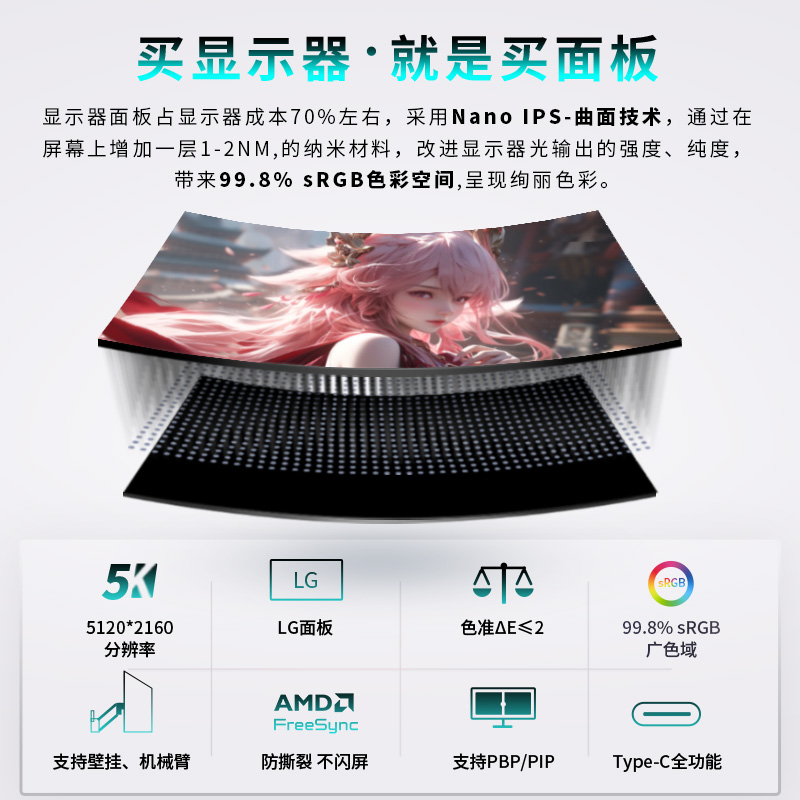 40寸显示器5K120hz带鱼屏Nano-IPS曲面大屏21:9游戏赛事炒股设计-图1