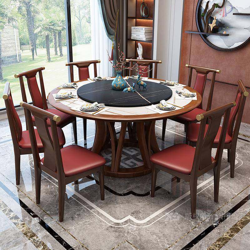 新中式实木岩板圆形餐桌椅组合家用酒店10人大理石圆桌带转盘饭桌,淘宝优惠券,粉丝福利购,淘宝优惠卷