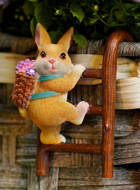 兔子爬梯花盆f挂件可爱鱼缸造景挂件阳台花园盆栽微景观装饰小摆