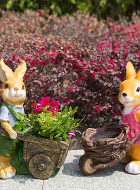 庭院新款装饰户外草坪雕塑创意仿真树脂工艺卡通兔子推车花盆摆件
