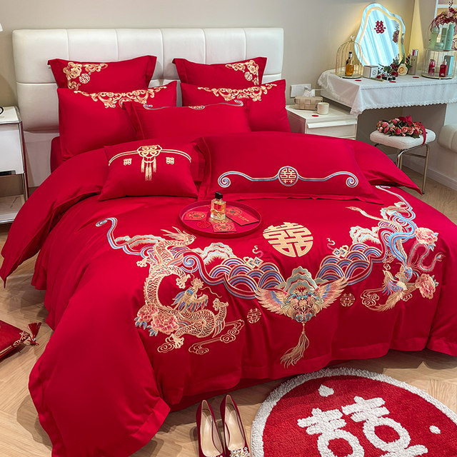 Chinese style dragon and phoenix embroidery wedding four-piece set big red sheet quilt cover wedding quilt bedding