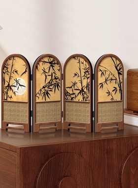小屏风摆件中古风竹子新款桌面摆台画折叠折N屏高级感电视柜装饰