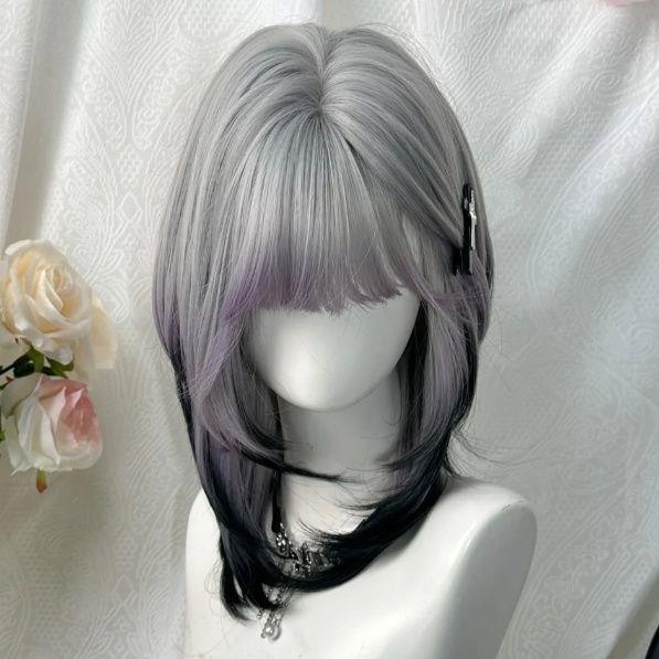 雾弥umi同款假发女灰紫色渐变锁骨发网红日常仿真自然整顶全头套 - 图0