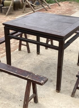 民俗怀旧家具老物件一桌四凳农村拆迁旧方桌八仙桌长条二人凳古镇