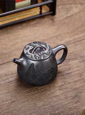 宜兴紫砂壶原矿石黄手工刻绘高石瓢壶泡茶壶茶具密文一件代发