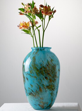 蓝色玻璃花瓶中式风格复古花边装饰花器摆件客厅玄关插花水培