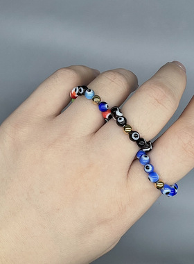 复古蓝眼睛恶魔之眼戒指弹力松紧