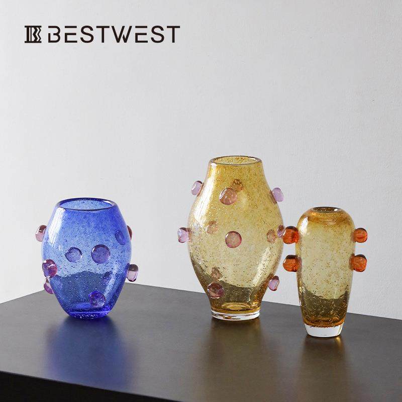 bestwest轻奢北欧风玻璃花瓶摆件客厅插花餐桌玄关高级感玻璃彩色,淘宝优惠券,粉丝福利购,淘宝优惠卷