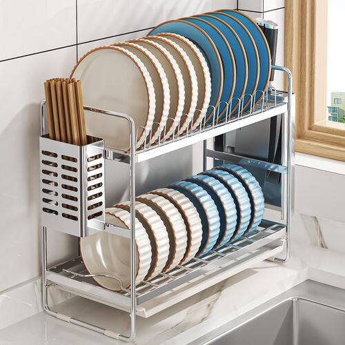 碗架沥水架304不锈钢窄款碗碟厨房置物架双层橱柜碗盘收纳免安装 - 图0