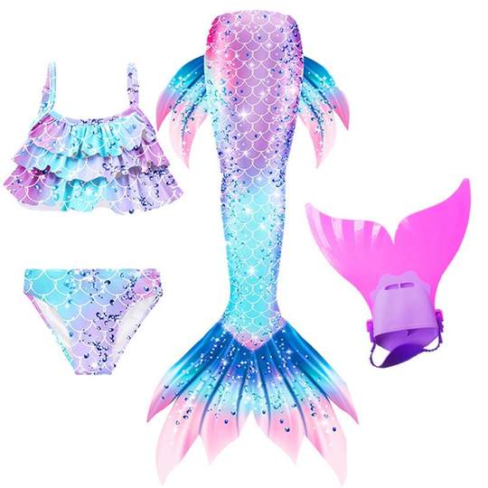 儿童美人鱼尾巴泳衣夏三件套大中小女童公主裙比基尼分体温泉泳装