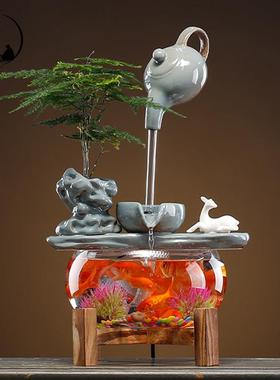 招财循环流水悬壶玻璃鱼缸创意客厅玄关桌面喷泉加湿器乔迁开 业