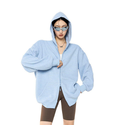 ICH MODE美式复古条纹开衫外套女春秋季新款长袖卫衣运动休闲上衣 - 图3