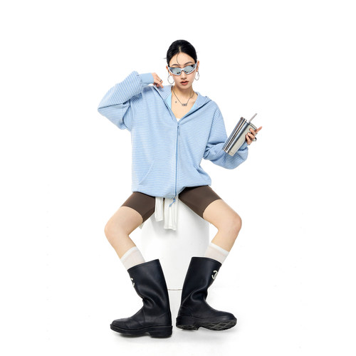 ICH MODE美式复古条纹开衫外套女春秋季新款长袖卫衣运动休闲上衣 - 图0