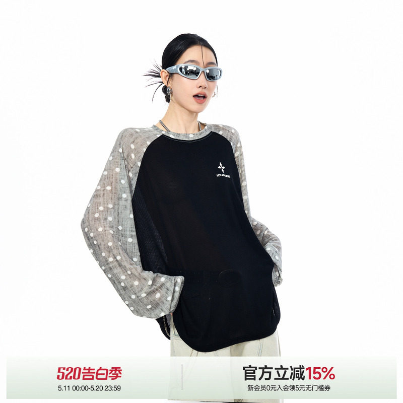 ICH MODE撞色波点物理防晒罩衫女夏季插肩袖薄纱上衣轻薄长袖T恤