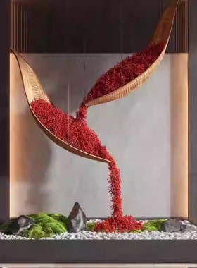 新中式红豆竹编船摆件酒店会所大堂售楼处会所软装仿真植物