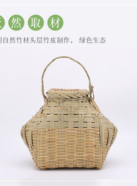 竹编手提鱼篓装饰道具带盖子鱼篓