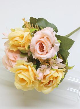 仿真花5头贵妃玫瑰花秋色玫瑰花束婚礼家居扶手装饰假花摆件