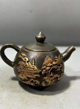 鎏金山水手把壶铜茶壶家T居工艺品摆件