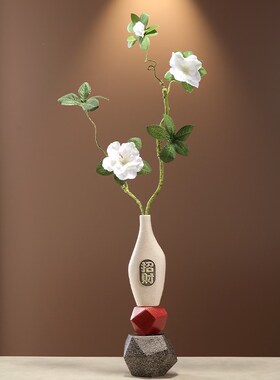 新中式细长高陶瓷造景迎客松花瓶摆件石来运转客厅玄关办公室装饰