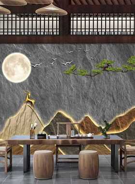 ?新中式3D立体靠山壁画电视背景墙壁纸客厅迎客松墙布茶室墙纸定