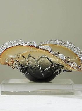 琥珀色艺术玻璃果盘摆件现代轻奢客厅大厅售楼处样板房茶几收纳盘