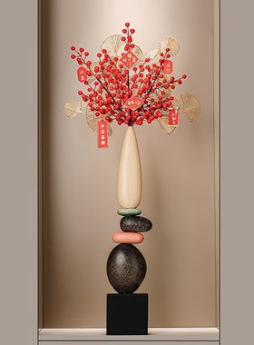 入门玄关造景迎客松石来运转花瓶摆件客厅新中式细长高装饰工艺品