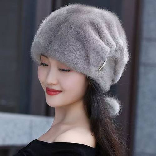高品质水貂毛帽子女优雅妈妈水钻装饰护耳毛绒防寒保暖秋冬新款 - 图0