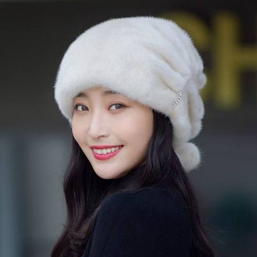 高品质水貂毛帽子女优雅妈妈水钻装饰护耳毛绒防寒保暖秋冬新款 - 图2