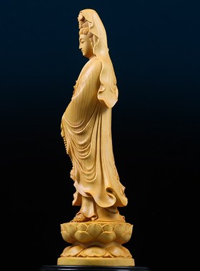 黄杨木木雕立莲观音菩萨12厘米迷你型随身携带桌面供奉Z平安小摆