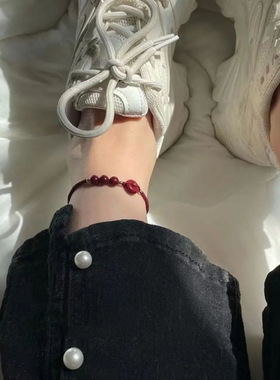 本命年天然石原矿朱砂平安扣红绳脚链女民族风简约手工编织脚绳