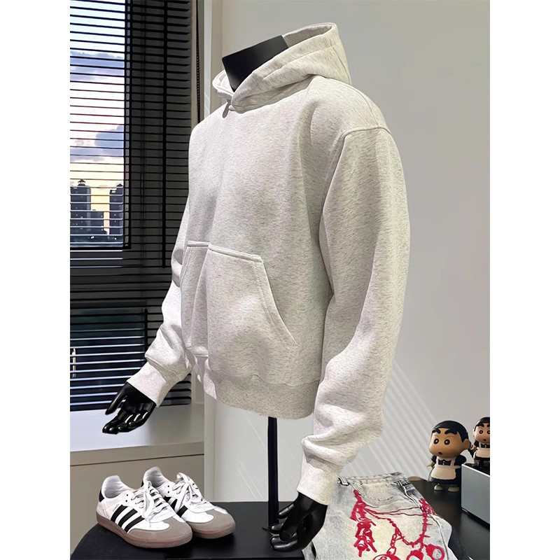 白灰色短宽boxy卫衣男连帽秋冬加绒加厚cleanfit外套重磅硬挺帽衫