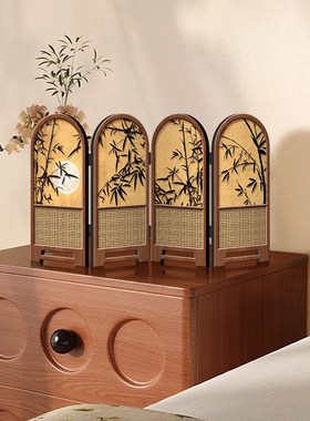 小屏风摆件中古风竹子新款桌面摆台画折叠折屏高级感电视柜装饰画