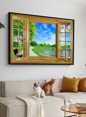 窗户风景装饰画空间延伸感假窗户壁画小清新餐厅挂画绿色卫生间画
