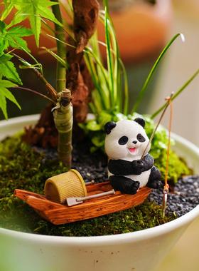 创意熊猫渔船装饰假山流水微景观盆景水族鱼缸景观装饰