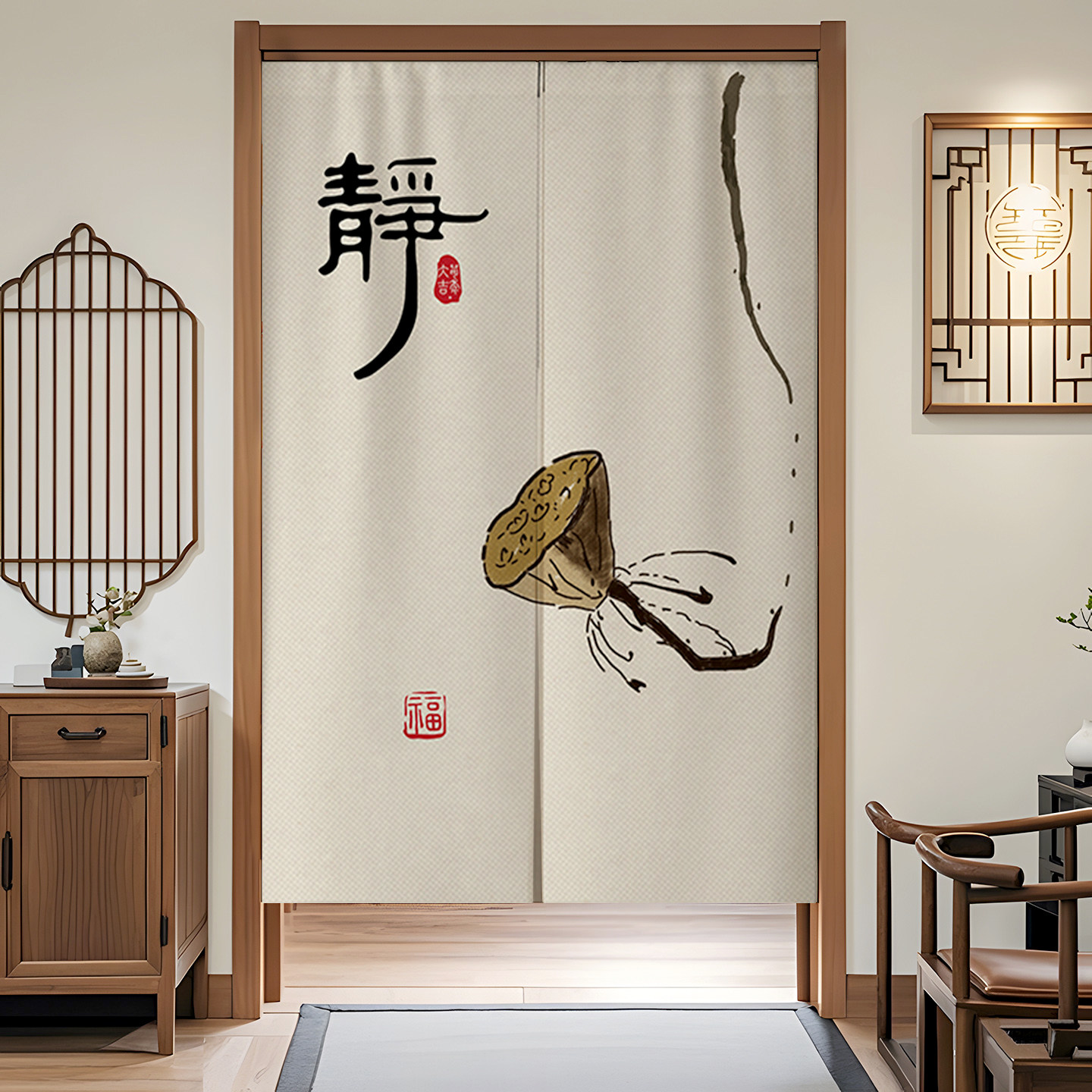 中式荷花门帘布帘卧室厕所门对门化解挂帘大门厨房卫生间隔断半帘,淘宝优惠券,粉丝福利购,淘宝优惠卷