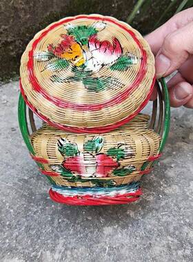 潮汕纯手工彩绘嫁竹篮竹编篮蓝子结艺收t$*&lznu纳储物篮婚花篮传