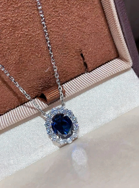 高贵典雅椭圆形蓝宝石满钻项链S925纯银镀厚金设计师款清冷感颈链